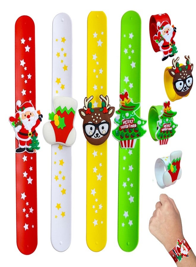 Kidology Christmas Slap Bands for Kids - Festive Silicone Wristbands with Santa, Reindeer & Christmas Tree Designs | Fun Party Favors & Return Gifts - Random Color (4) - Image 1